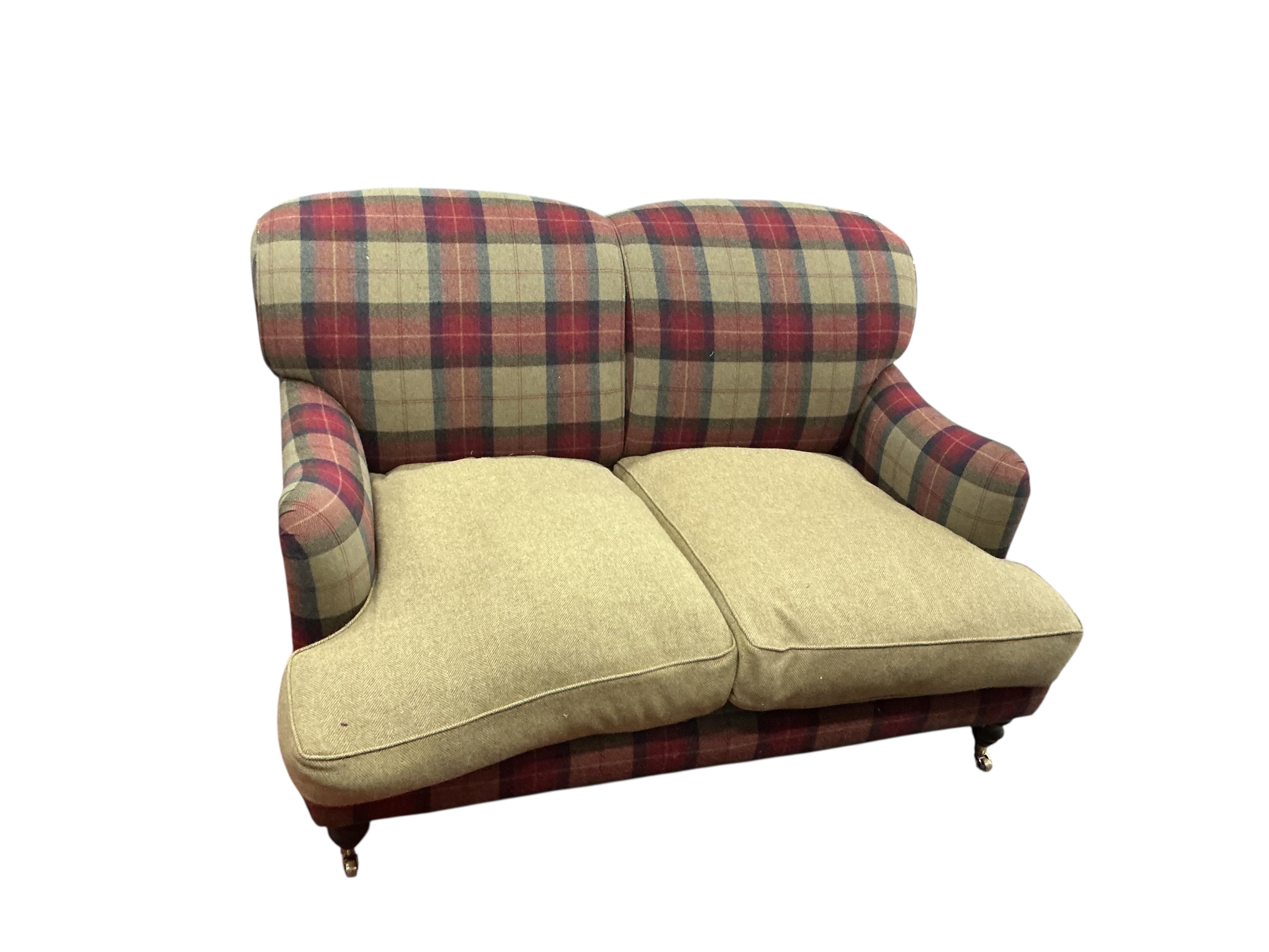 A Sofa Workshop tartan wool fabric two seater sofa in the manner of Howard and Sons, width 142cm, depth 96cm, height 88cm